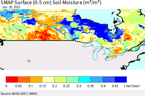 Canada SMAP Surface (0-5 cm) Soil Moisture (m³/m³) Thematic Map For 6/26/2023 - 6/30/2023