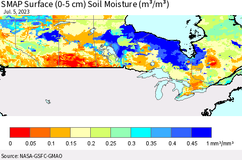 Canada SMAP Surface (0-5 cm) Soil Moisture (m³/m³) Thematic Map For 7/1/2023 - 7/5/2023