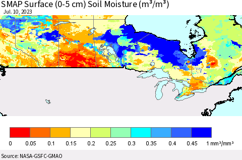 Canada SMAP Surface (0-5 cm) Soil Moisture (m³/m³) Thematic Map For 7/6/2023 - 7/10/2023