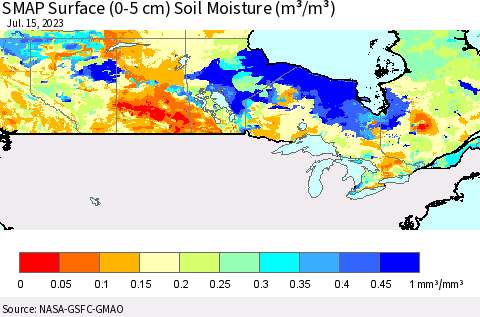 Canada SMAP Surface (0-5 cm) Soil Moisture (m³/m³) Thematic Map For 7/11/2023 - 7/15/2023