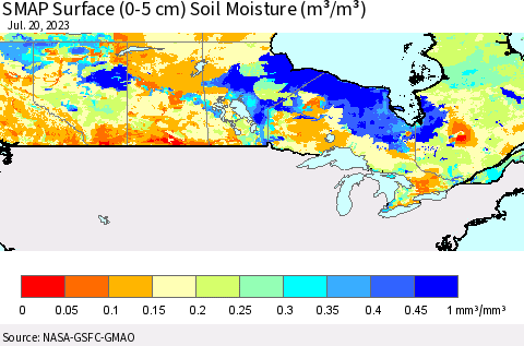 Canada SMAP Surface (0-5 cm) Soil Moisture (m³/m³) Thematic Map For 7/16/2023 - 7/20/2023