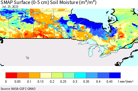 Canada SMAP Surface (0-5 cm) Soil Moisture (m³/m³) Thematic Map For 7/21/2023 - 7/25/2023