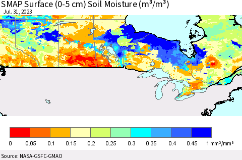 Canada SMAP Surface (0-5 cm) Soil Moisture (m³/m³) Thematic Map For 7/26/2023 - 7/31/2023