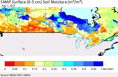 Canada SMAP Surface (0-5 cm) Soil Moisture (m³/m³) Thematic Map For 8/1/2023 - 8/5/2023