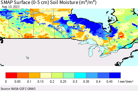Canada SMAP Surface (0-5 cm) Soil Moisture (m³/m³) Thematic Map For 8/6/2023 - 8/10/2023