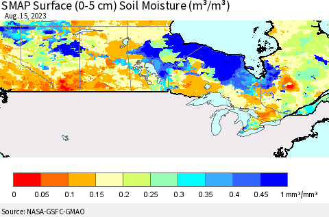 Canada SMAP Surface (0-5 cm) Soil Moisture (m³/m³) Thematic Map For 8/11/2023 - 8/15/2023