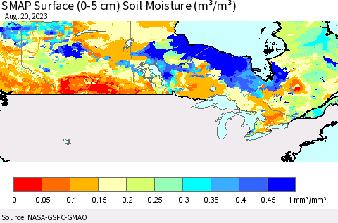 Canada SMAP Surface (0-5 cm) Soil Moisture (m³/m³) Thematic Map For 8/16/2023 - 8/20/2023