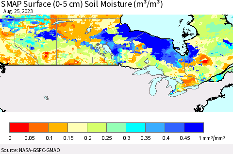 Canada SMAP Surface (0-5 cm) Soil Moisture (m³/m³) Thematic Map For 8/21/2023 - 8/25/2023