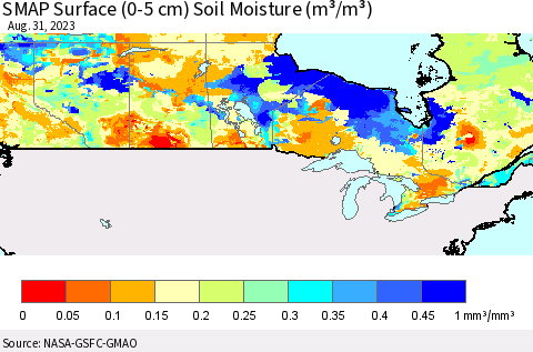 Canada SMAP Surface (0-5 cm) Soil Moisture (m³/m³) Thematic Map For 8/26/2023 - 8/31/2023