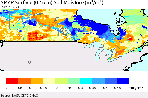 Canada SMAP Surface (0-5 cm) Soil Moisture (m³/m³) Thematic Map For 9/1/2023 - 9/5/2023