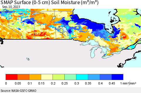 Canada SMAP Surface (0-5 cm) Soil Moisture (m³/m³) Thematic Map For 9/6/2023 - 9/10/2023