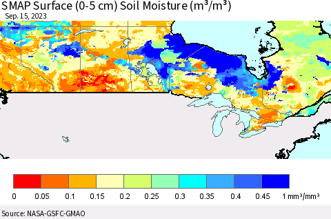 Canada SMAP Surface (0-5 cm) Soil Moisture (m³/m³) Thematic Map For 9/11/2023 - 9/15/2023