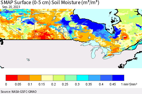 Canada SMAP Surface (0-5 cm) Soil Moisture (m³/m³) Thematic Map For 9/16/2023 - 9/20/2023