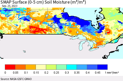 Canada SMAP Surface (0-5 cm) Soil Moisture (m³/m³) Thematic Map For 9/21/2023 - 9/25/2023