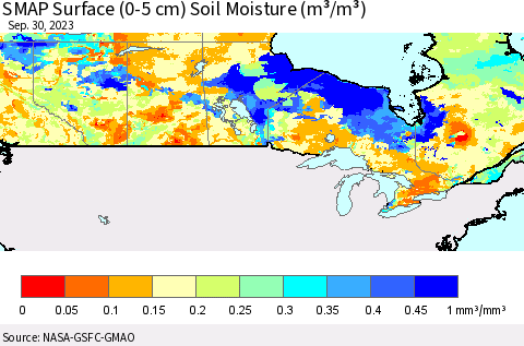 Canada SMAP Surface (0-5 cm) Soil Moisture (m³/m³) Thematic Map For 9/26/2023 - 9/30/2023