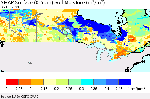 Canada SMAP Surface (0-5 cm) Soil Moisture (m³/m³) Thematic Map For 10/1/2023 - 10/5/2023