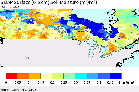 Canada SMAP Surface (0-5 cm) Soil Moisture (m³/m³) Thematic Map For 10/6/2023 - 10/10/2023