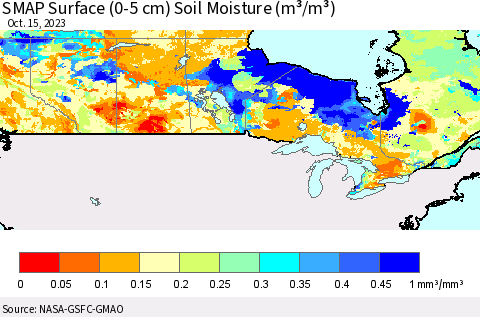 Canada SMAP Surface (0-5 cm) Soil Moisture (m³/m³) Thematic Map For 10/11/2023 - 10/15/2023