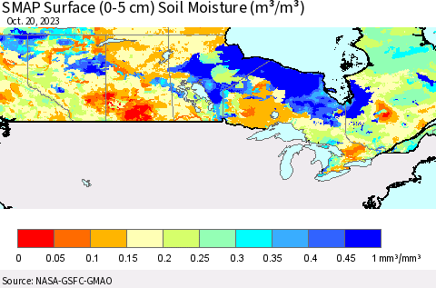 Canada SMAP Surface (0-5 cm) Soil Moisture (m³/m³) Thematic Map For 10/16/2023 - 10/20/2023