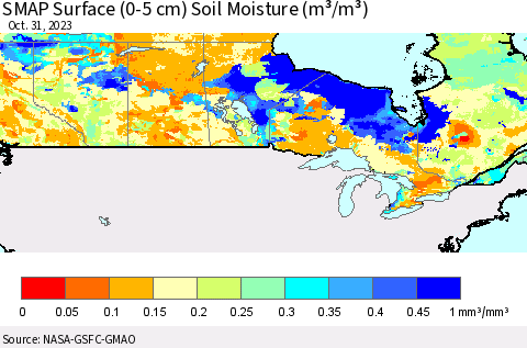 Canada SMAP Surface (0-5 cm) Soil Moisture (m³/m³) Thematic Map For 10/26/2023 - 10/31/2023