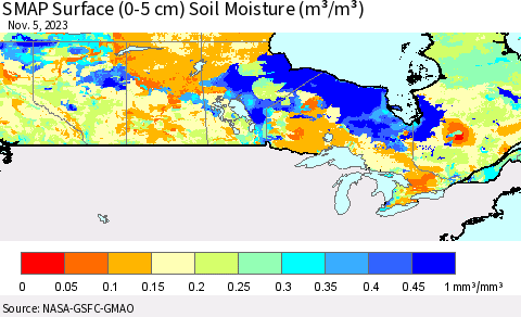 Canada SMAP Surface (0-5 cm) Soil Moisture (m³/m³) Thematic Map For 11/1/2023 - 11/5/2023