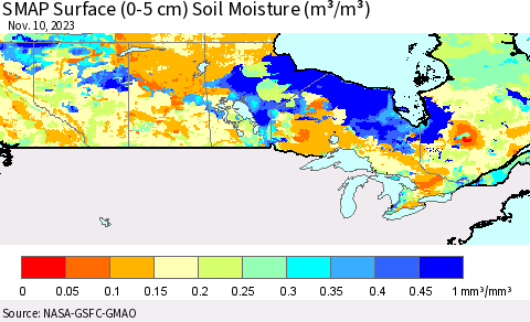 Canada SMAP Surface (0-5 cm) Soil Moisture (m³/m³) Thematic Map For 11/6/2023 - 11/10/2023