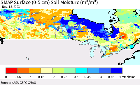 Canada SMAP Surface (0-5 cm) Soil Moisture (m³/m³) Thematic Map For 11/11/2023 - 11/15/2023