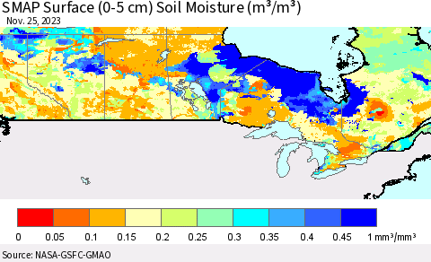 Canada SMAP Surface (0-5 cm) Soil Moisture (m³/m³) Thematic Map For 11/21/2023 - 11/25/2023