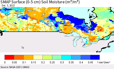 Canada SMAP Surface (0-5 cm) Soil Moisture (m³/m³) Thematic Map For 12/1/2023 - 12/5/2023