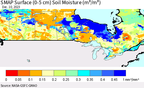 Canada SMAP Surface (0-5 cm) Soil Moisture (m³/m³) Thematic Map For 12/6/2023 - 12/10/2023