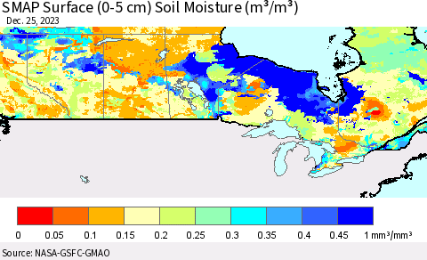 Canada SMAP Surface (0-5 cm) Soil Moisture (m³/m³) Thematic Map For 12/21/2023 - 12/25/2023