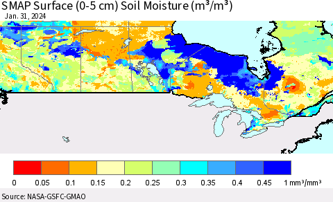Canada SMAP Surface (0-5 cm) Soil Moisture (m³/m³) Thematic Map For 1/26/2024 - 1/31/2024