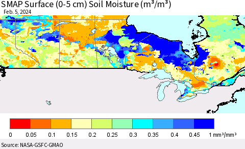 Canada SMAP Surface (0-5 cm) Soil Moisture (m³/m³) Thematic Map For 2/1/2024 - 2/5/2024