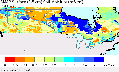 Canada SMAP Surface (0-5 cm) Soil Moisture (m³/m³) Thematic Map For 3/1/2024 - 3/5/2024