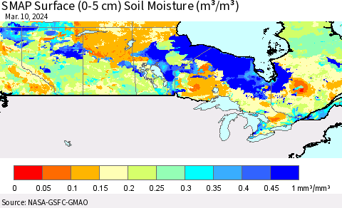Canada SMAP Surface (0-5 cm) Soil Moisture (m³/m³) Thematic Map For 3/6/2024 - 3/10/2024