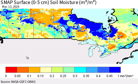 Canada SMAP Surface (0-5 cm) Soil Moisture (m³/m³) Thematic Map For 3/11/2024 - 3/15/2024