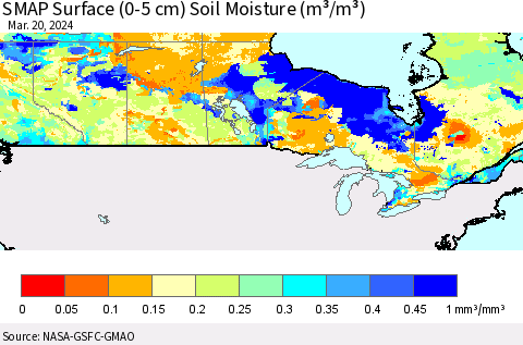 Canada SMAP Surface (0-5 cm) Soil Moisture (m³/m³) Thematic Map For 3/16/2024 - 3/20/2024