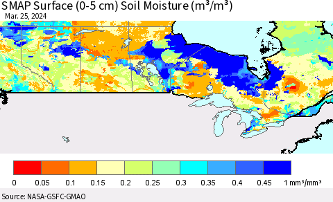Canada SMAP Surface (0-5 cm) Soil Moisture (m³/m³) Thematic Map For 3/21/2024 - 3/25/2024