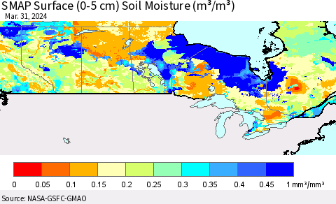 Canada SMAP Surface (0-5 cm) Soil Moisture (m³/m³) Thematic Map For 3/26/2024 - 3/31/2024
