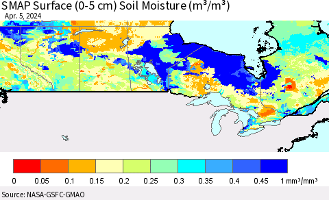 Canada SMAP Surface (0-5 cm) Soil Moisture (m³/m³) Thematic Map For 4/1/2024 - 4/5/2024