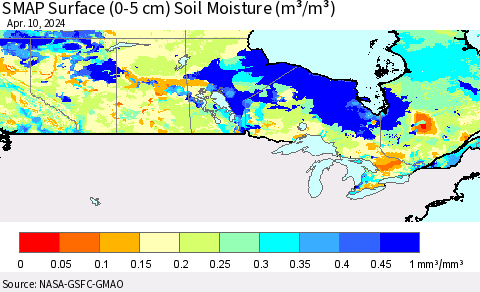Canada SMAP Surface (0-5 cm) Soil Moisture (m³/m³) Thematic Map For 4/6/2024 - 4/10/2024