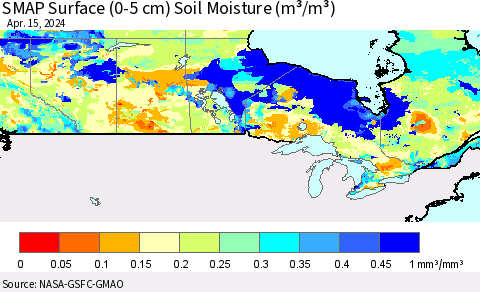 Canada SMAP Surface (0-5 cm) Soil Moisture (m³/m³) Thematic Map For 4/11/2024 - 4/15/2024