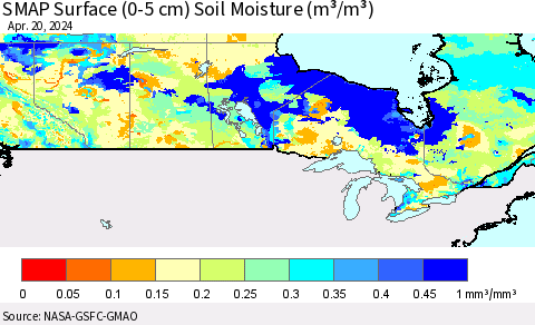Canada SMAP Surface (0-5 cm) Soil Moisture (m³/m³) Thematic Map For 4/16/2024 - 4/20/2024