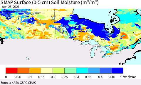 Canada SMAP Surface (0-5 cm) Soil Moisture (m³/m³) Thematic Map For 4/21/2024 - 4/25/2024