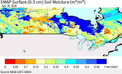 Canada SMAP Surface (0-5 cm) Soil Moisture (m³/m³) Thematic Map For 4/26/2024 - 4/30/2024