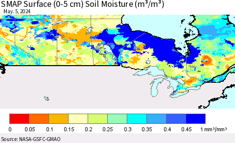 Canada SMAP Surface (0-5 cm) Soil Moisture (m³/m³) Thematic Map For 5/1/2024 - 5/5/2024