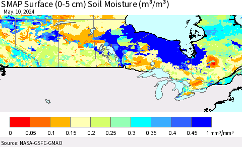 Canada SMAP Surface (0-5 cm) Soil Moisture (m³/m³) Thematic Map For 5/6/2024 - 5/10/2024