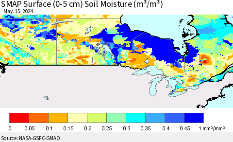 Canada SMAP Surface (0-5 cm) Soil Moisture (m³/m³) Thematic Map For 5/11/2024 - 5/15/2024