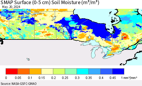 Canada SMAP Surface (0-5 cm) Soil Moisture (m³/m³) Thematic Map For 5/16/2024 - 5/20/2024