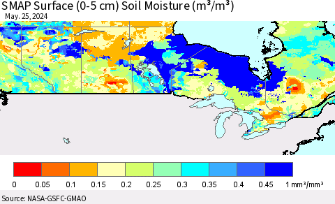 Canada SMAP Surface (0-5 cm) Soil Moisture (m³/m³) Thematic Map For 5/21/2024 - 5/25/2024